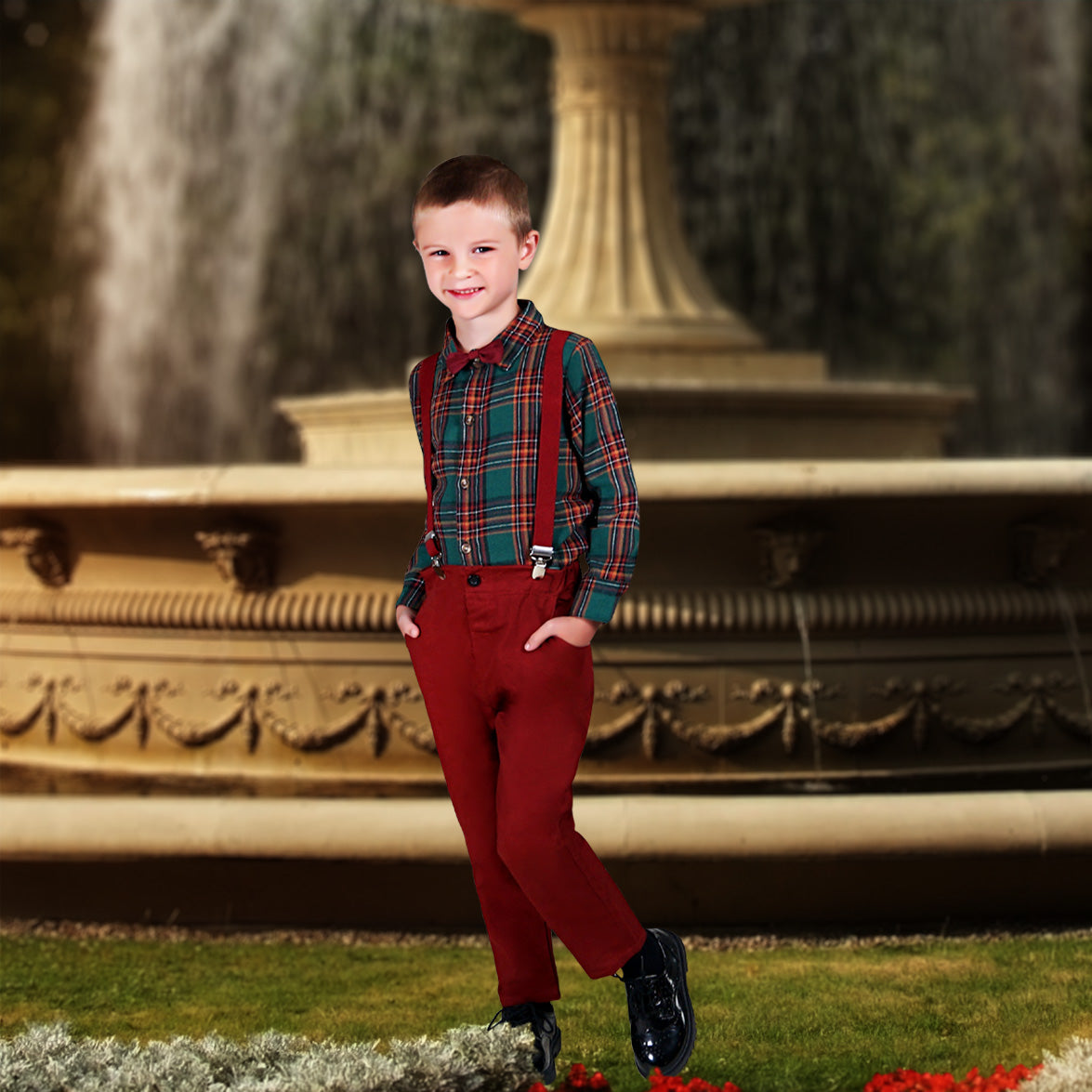 Rowan Boys Plaid Pant Set - Burgundy Red