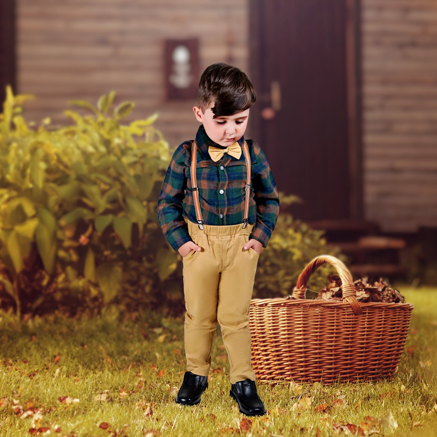 Noah Boys Plaid Pant Set - Tan